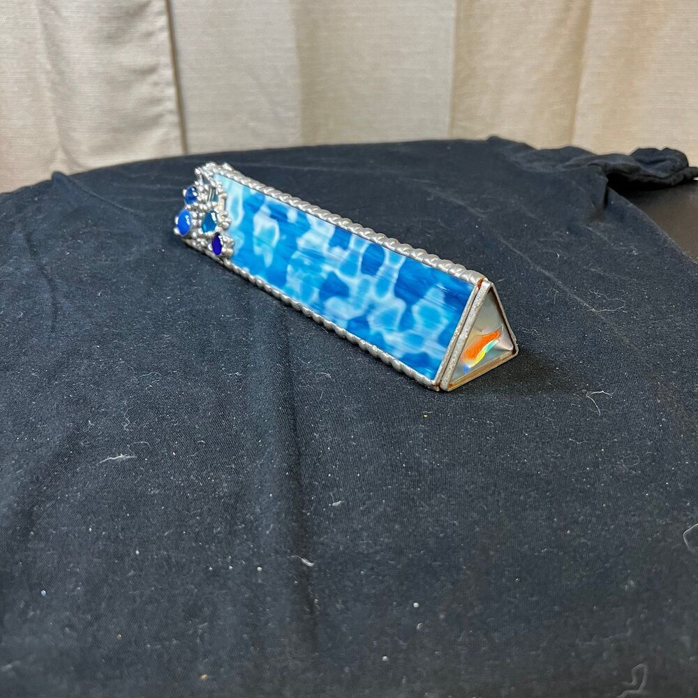 Stained blue glass kaleidoscope with embellishments signed handmade